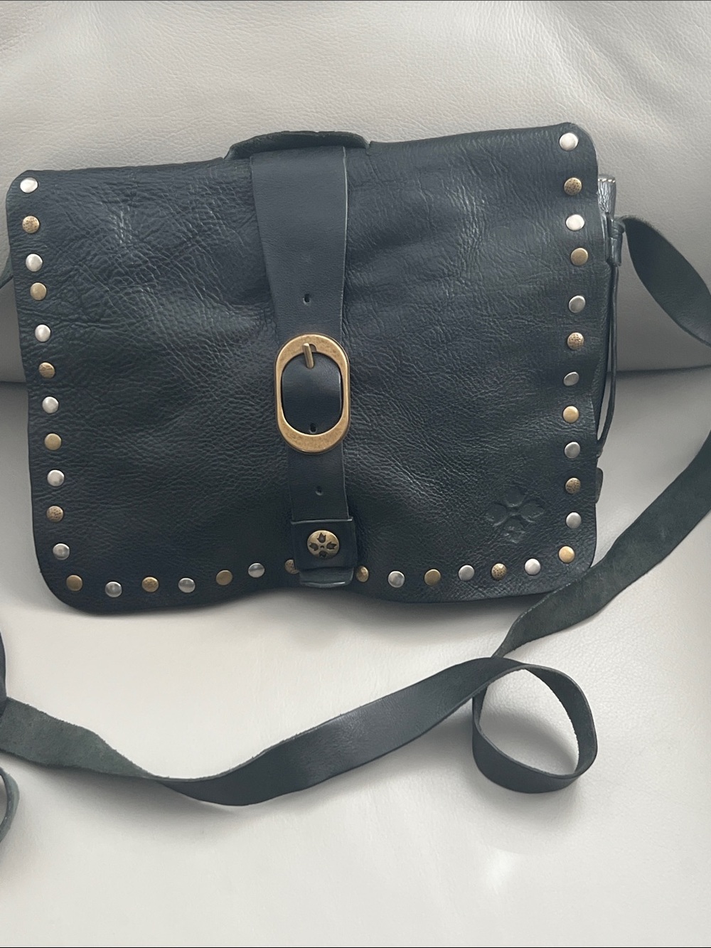 Patricia Nash Black Leather Studded Messenger Bag with Gold and Silver Hardware